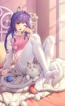  1girl absurdres animal_ears bedroom cat cat_ears cat_tail crazy_ones fake_animal_ears fake_tail fang highres hood hooded_jacket jacket long_hair multicolored_clothes multicolored_jacket official_art on_bed one_eye_closed open_mouth pantyhose pillow pink_jacket purple_hair qianye_zhizi sitting sunlight tail white_jacket white_pantyhose window yellow_eyes 