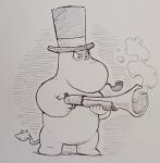  1boy antique_firearm blunderbuss full_body greyscale gun hat highres holding holding_gun holding_weapon krumparrian monochrome moomin moominpappa smoke smoking_gun smoking_pipe standing tail top_hat weapon 