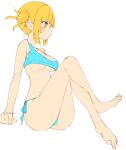  1girl arm_support ass bare_shoulders bikini blonde_hair blue_bikini blush boku_no_hero_academia breasts cleavage covered_nipples double_bun full_body hair_bun highres knees_up looking_ahead medium_breasts messy_hair profile rasusurasu side-tie_bikini_bottom sidelocks simple_background sketch solo swimsuit toga_himiko underboob white_background yellow_eyes 