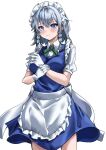  1girl apron blue_dress blue_eyes braid dress gloves grey_hair highres izayoi_sakuya maid maid_apron maid_headdress nervous ramiki shirt short_sleeves solo touhou twin_braids white_apron white_background white_gloves white_headdress white_shirt 