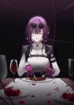  1girl arm_belt belt black_belt black_jacket breasts chest_harness closed_eyes collared_shirt cup dhkqpt dinner drinking_glass earrings flower food fork glass gloves hair_between_eyes harness highres holding holding_fork holding_knife honkai:_star_rail honkai_(series) indoors jacket jewelry kafka_(honkai:_star_rail) knife large_breasts lipstick long_hair long_sleeves makeup meat parted_lips petals plate purple_gloves purple_hair purple_lips red_flower red_rose red_wine rose rose_petals round_eyewear shirt sidelocks sitting smile solo sunglasses table upper_body white_shirt wine_glass 