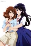  2girls :d absurdres arms_around_neck black_hair blue_dress blue_shirt blush brown_eyes brown_hair brown_skirt closed_mouth collarbone collared_shirt dress hair_between_eyes hibike!_euphonium highres kousaka_reina long_hair looking_at_viewer megami_magazine multiple_girls official_art open_mouth oumae_kumiko purple_eyes red_ribbon ribbon scan shirt short_hair short_sleeves simple_background skirt smile white_background white_shirt 