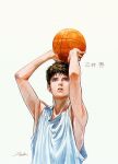  1boy arms_up ball bare_shoulders basketball_(object) brown_hair character_name holding holding_ball juneseo korean_commentary looking_up male_focus mitsui_hisashi parted_lips playing_sports short_hair signature simple_background slam_dunk_(series) sleeveless solo sweat tank_top upper_body white_background 