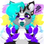  1:1 abhor_moon_(artist) ambiguous_gender andean_mountain_cat anthro big_pawpads blue_hair bodily_fluids claws dripping ear_piercing felid feline gauged_ear hair hi_res humanoid industrial_piercing leopardus lgbt_pride mammal pansexual_pride_colors pawpads paws piercing pride_colors purple_eyes saliva saliva_drip saliva_on_tongue sharp_claws sharp_teeth teeth wet_tongue 