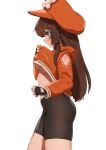  1girl absurdres bike_shorts breasts brown_hair clothes_lift fingerless_gloves flasso gloves guilty_gear guilty_gear_strive hat highres hood hoodie hoodie_lift may_(guilty_gear) orange_eyes orange_headwear orange_hoodie orange_shirt pirate_hat shirt skull_and_crossbones solo underboob white_background 