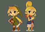  1boy 1girl artist_name commentary full_body green_shirt hair_bun hat holding holding_sword holding_weapon link looking_at_viewer pointy_ears scarf shield shirt short_hair simple_background smile sword tetra the_legend_of_zelda the_legend_of_zelda:_phantom_hourglass the_legend_of_zelda:_the_wind_waker tokuura toon_link tunic weapon 