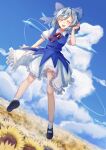  1girl blue_sky bo_cota cirno closed_eyes cloud cloudy_sky day flower flying garden_of_the_sun highres light looking_at_viewer open_mouth outdoors scenery sky smile solo sunflower touhou 