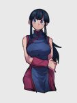  1girl black_eyes black_hair blue_dress blunt_bangs breasts chi-chi_(dragon_ball) china_dress chinese_clothes closed_mouth cropped_legs dragon_ball dragon_ball_(classic) dress grey_background hand_on_own_arm kemachiku large_breasts long_hair looking_at_viewer pants pelvic_curtain ponytail sidelocks simple_background sleeveless sleeveless_dress solo turtleneck_dress 