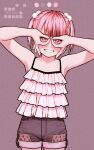  1girl armpits arms_up bare_arms bare_shoulders camisole circle_name color_guide cowboy_shot fingernails flat_chest frills grin hair_bobbles hair_ornament halftone hand_glasses highres looking_at_viewer original pink_eyes pink_hair rustle short_hair short_shorts short_twintails shorts simple_background smile solo spaghetti_strap standing twintails 