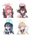  :3 absurdres animal_ears aris_(blue_archive) aru_(blue_archive) black_gloves black_hair blue_archive blue_eyes blue_sailor_collar chibi clenched_hands coat floral_print fox_ears fox_girl fur-trimmed_coat fur_trim gloves hair_between_eyes hair_ornament halo hifumi_(blue_archive) highres horns izuna_(blue_archive) long_hair long_sleeves looking_at_viewer multiple_girls neckerchief one_eye_closed one_side_up open_mouth orange_eyes own_hands_together partially_fingerless_gloves pink_hair pink_scrunchie pom_pom_(clothes) pom_pom_hair_ornament red_coat sailor_collar scarf school_uniform scrunchie serafuku shirt simple_background sweat twintails white_background white_gloves white_shirt yoon_cook 