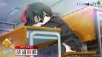  1girl black_hair black_skirt black_thighhighs bow copyright_name covered_mouth covering_mouth crossover desk hair_bow head_on_table higurashi_no_naku_koro_ni_mei indoors kiyoura_setsuna looking_to_the_side pleated_skirt red_bow red_eyes school_days school_desk school_uniform sitting skirt thighhighs watanabe_akio 