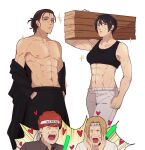  1girl 3boys abs bare_pectorals black_eyes black_hair breasts brown_hair carrying character_request commentary crying emphasis_lines eren_yeager facial_mark floch_forster folded_ponytail grey_eyes hands_in_pockets hanpetos holding_glowstick medium_breasts meme mikasa_ackerman multiple_boys navel oota_kuniyoshi_face_(meme) open_clothes open_mouth open_shirt pectorals scar scar_on_cheek scar_on_face shingeki_no_kyojin short_hair sports_bra streaming_tears sweat tears toned toned_male wood 