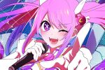  1girl aisha_landar blush elsword gloves hair_ornament holding holding_microphone idol magical_girl metamorphy_(elsword) microphone multicolored_hair multicolored_shirt one_eye_closed open_mouth oshi_no_ko pink_hair pointing pointing_at_viewer purple_eyes purple_hair purple_shirt scene_reference shirt sinoring smile solo star-shaped_pupils star_(symbol) symbol-shaped_pupils twintails white_gloves white_shirt 