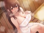  1girl absurdres breasts brown_eyes brown_hair cleavage highres large_breasts long_hair looking_at_viewer naked_towel official_art open_mouth original sauna sitting towel udon_(udonalium) wet 