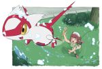  1girl :d bianca_(pokemon_heroes) black_socks brown_hair bubble bush claws day foam grass green_shirt hat highres holding holding_shower_head ia_(ilwmael9) latias open_mouth outdoors pink_footwear pokemon pokemon_(anime) pokemon_(classic_anime) pokemon_(creature) pokemon_heroes:_latios_&amp;_latias shirt shoes short_sleeves shower_head smile socks tongue tree white_headwear yellow_eyes 