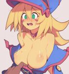  1girl bare_shoulders blonde_hair blue_headwear blush bmw breasts collarbone commentary_request dark_magician_girl duel_monster green_eyes grey_background hair_between_eyes hat inverted_nipples large_breasts metata multiple_girls open_mouth simple_background solo_focus wizard_hat yu-gi-oh! yu-gi-oh!_duel_monsters 