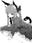  1girl animal_ear_fluff animal_ears bare_legs blunt_bangs bow braid cat_ears cat_tail extra_ears eyelashes foot_out_of_frame frills greyscale hair_between_eyes hair_bow kaenbyou_rin long_hair long_sleeves looking_at_viewer monochrome multiple_tails nekomata parted_lips petticoat pointy_ears polpol simple_background sitting solo tail touhou twin_braids two_tails upturned_eyes very_long_hair white_background yokozuwari 