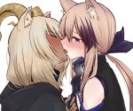  2girls animal_ear_fluff animal_ears arknights bare_shoulders beeswax_(arknights) black_coat blush cardigan_(arknights) closed_eyes coat commission couple dark-skinned_female dark_skin dog_ears dog_girl eye_contact french_kiss goat_ears goat_girl goat_horns goggles gold_horns grabbing hair_ribbon horns infection_monitor_(arknights) kiss long_hair looking_at_another multicolored_hair multiple_girls necktie necktie_grab neckwear_grab purple_eyes ribbon simple_background skeb_commission streaked_hair tongue tongue_out tsubudashi upper_body white_background white_hair yuri 