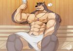  abs absurd_res anthro biceps blush bodily_fluids body_hair brown_body brown_fur canid canine canis clothing domestic_dog fur happy_trail hi_res jewelry lifewonders live_a_hero male mammal muscular muscular_anthro muscular_male necklace pecs pubraseer ren_kream sauna solo speedo sweat swimwear towel 