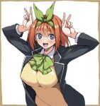  1girl :d absurdres arms_up black_jacket blue_eyes blush border bow breasts brown_border commentary_request double_v eyebrows_hidden_by_hair eyelashes go-toubun_no_hanayome green_bow green_ribbon hair_between_eyes hair_ribbon happy highres jacket large_breasts long_sleeves looking_at_viewer medium_hair nakano_yotsuba open_clothes open_jacket open_mouth orange_hair plaid plaid_bow ribbon round_teeth school_uniform simple_background smile solo straight_hair sweater_vest teeth upper_body upper_teeth_only v white_background yellow_sweater_vest yunodon_(sugar_maple) 