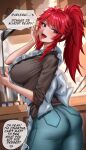  1girl aizawa_akemi apron ass black_shirt blurry blurry_background bowl breasts commentary cup denim english_text enmanuelart20 frilled_apron frills from_behind from_side high_ponytail highres holding holding_ladle indoors jeans kitchen ladle large_breasts long_hair looking_at_viewer mature_female open_mouth pants red_eyes red_hair shirt solo steam stove teeth tomo-chan_wa_onna_no_ko twisted_torso upper_teeth_only white_apron 