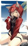  1girl absurdres animal_ears arknights barefoot blue_sky breasts can cloud covered_navel day grey_hair highres holding holding_can hood hood_up hooded_jacket jacket long_sleeves looking_at_viewer medium_breasts nash11 ocean official_alternate_costume open_mouth outdoors projekt_red_(arknights) projekt_red_(light_breeze)_(arknights) red_jacket shoes shoes_removed short_hair sky solo tail thigh_strap twitter_username wolf_ears wolf_girl wolf_tail yellow_eyes 