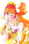  1girl amanogawa_kirara bare_shoulders blush choker cowboy_shot cure_twinkle earrings gloves go!_princess_precure highres jewelry long_hair looking_at_viewer magical_girl multicolored_hair nita_(onakatohoppe) one_eye_closed orange_hair precure purple_eyes quad_tails red_hair smile solo star_(symbol) star_earrings streaked_hair twintails two-tone_hair very_long_hair white_background white_gloves yellow_choker 