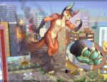  2023 artist_name billboard canid canine city_destruction claws destruction digital_media_(artwork) featureless_crotch fire fountain fox fur hair helaviskrew hi_res larger_male macro male mammal micro multicolored_body multicolored_fur multicolored_hair nude pawpads public public_exposure rampage size_difference smoke toe_claws watermark 