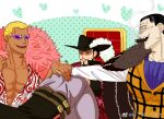  3boys abs ascot beard black_hair blonde_hair bound bound_legs crocodile_(one_piece) dark-skinned_male dark_skin donquixote_doflamingo dracule_mihawk expressionless facial_hair hair_slicked_back holding_hands male_focus mature_male mg_cls multiple_boys mustache on_chair one_piece pectoral_cleavage pectorals scar scar_on_face scar_on_nose short_hair sitting smile stitches sunglasses third_wheel yaoi 