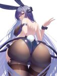  1girl animal_ears ass ass_focus ass_grab azur_lane back blue_leotard breasts brown_pantyhose from_behind highleg highleg_leotard highres large_breasts leotard looking_at_viewer new_jersey_(azur_lane) new_jersey_(exhilarating_steps!)_(azur_lane) pantyhose playboy_bunny purple_eyes purple_hair rabbit_ears rabbit_tail simple_background smile strapless strapless_leotard tail tako-san_wiener_(takosanuma) thighband_pantyhose v white_background wrist_cuffs 