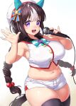  1girl animal_ears beret black_thighhighs bow braid breasts brown_hair commentary_request cowboy_shot curvy ear_covers hair_bow hat highres hokko_tarumae_(umamusume) holding holding_microphone horse_ears horse_girl horse_tail idol large_breasts long_braid long_hair looking_at_viewer microphone multicolored_hair navel onsoku_inu purple_eyes shorts solo star_(symbol) streaked_hair tail thighhighs twin_braids umamusume white_background white_headwear white_shorts 