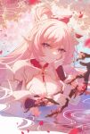  1girl absurdres blurry branch breasts cherry_blossoms cleavage cleavage_cutout clothing_cutout depth_of_field diamond-shaped_pupils diamond_(shape) dress elf elysia_(herrscher_of_human:ego)_(honkai_impact) elysia_(honkai_impact) gradient_background highres holding holding_branch honkai_(series) honkai_impact_3rd long_hair long_sleeves looking_at_viewer medium_breasts official_alternate_costume pink_hair pointy_ears puffy_long_sleeves puffy_sleeves purple_eyes sidelocks silence_(pixiv18541142) smile solo symbol-shaped_pupils 