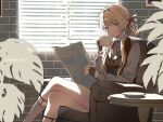  1girl armchair backlighting black_gloves black_vest blinds blonde_hair blue_eyes blunt_bangs blush braid brick_wall chair closed_mouth commission crossed_legs cup dm_owr english_text fingerless_gloves girls&#039;_frontline gloves grey_shirt hair_intakes hair_ribbon holding holding_cup indoors legwear_garter long_hair long_sleeves looking_at_viewer newspaper plant ribbon saucer shirt sidelocks sitting solo striped striped_shirt table teacup vest welrod_mkii_(girls&#039;_frontline) window 