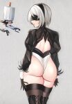  1girl 2b_(nier:automata) ass back_cutout black_blindfold black_gloves black_hairband black_thighhighs blindfold boots breasts clothing_cutout cowboy_shot from_behind gloves grey_background hairband highres juliet_sleeves leotard long_sleeves medium_breasts mole mole_under_mouth nier:automata nier_(series) pod_(nier:automata) puffy_sleeves short_hair standing tf_cafe thigh_boots thighhighs thighhighs_under_boots white_hair white_leotard 