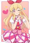  1girl aikatsu! aikatsu!_(series) blonde_hair blush bow cbgb closed_mouth collared_shirt frilled_skirt frills hair_bow hairband heart heart_hands hoshimiya_ichigo idol_clothes long_hair looking_at_viewer necktie one_eye_closed pink_skirt pink_vest puffy_short_sleeves puffy_sleeves red_bow red_eyes red_hairband red_necktie shirt short_sleeves skirt smile solo vest white_shirt 