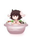  1girl :3 animal_ears black_hair blackbad blush brown_eyes carrot_necklace dress inaba_tewi jewelry necklace pink_dress rabbit_ears rabbit_girl salad salad_bowl short_hair solo touhou 