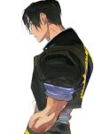  1boy atie1225 black_hair black_jacket curtained_hair fingerless_gloves gakuran gloves headband highres jacket kusanagi_kyou male_focus school_uniform short_hair solo the_king_of_fighters upper_body 