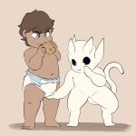  ambiguous_gender anthro battler child cookie diaper digitigrade duo eating food guardian_spirit hand_on_diaper hand_on_face hi_res human mammal navel ori_(ori) ori_(series) shirtless standing toddler touching_diaper young 