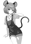  1girl animal animal_ears closed_mouth collared_shirt greyscale hair_between_eyes highres monochrome mouse mouse_ears mouse_tail nazrin onkn_sxkn overalls shirt short_hair short_sleeves simple_background solo tail touhou white_background 