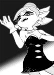  1girl absurdres breasts commentary_request cowboy_shot cross-shaped_pupils dress earrings fangs gloves greyscale hand_on_own_chest highres jewelry marie_(splatoon) medium_breasts mole mole_under_eye monochrome o_den open_mouth pointy_ears short_dress solo splatoon_(series) splatoon_1 strapless strapless_dress symbol-shaped_pupils tentacle_hair 