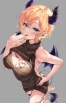  1girl absurdres barefoot black_nails blonde_hair blue_eyes blush breast_tattoo breasts brown_sweater cleavage cleavage_cutout clothing_cutout demon_horns demon_tail demon_wings earrings hand_on_own_hip heart heart_necklace highres hololive horns jewelry large_breasts looking_at_viewer necklace parted_lips pointy_ears short_hair snarkhunt solo standing standing_on_one_leg sweater tail tattoo wings yuzuki_choco yuzuki_choco_(6th_costume) 