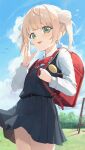  1girl absurdres aged_down ahoge backpack bag blonde_hair blue_dress blue_sky blurry blurry_background blush bow bowtie collared_shirt commentary_request day dress enokinoko1010 green_eyes hair_ornament hand_up highres holding indie_virtual_youtuber long_sleeves looking_at_viewer open_mouth outdoors pinafore_dress pleated_dress pom_pom_(clothes) pom_pom_hair_ornament randoseru red_bag red_bow red_bowtie school_uniform shigure_ui_(vtuber) shigure_ui_(young)_(vtuber) shirt short_hair sidelocks sky sleeveless sleeveless_dress smile solo twintails white_shirt 