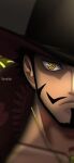  1boy artofide black_hair black_headwear closed_mouth collar dracule_mihawk facial_hair hat highres jewelry looking_at_viewer mustache necklace one_piece short_hair sideburns solid_eyes solo 