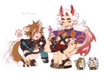  2boys abs animal_ears arataki_itto black_nails body_markings bodypaint bombyoon bracelet brown_hair chibi chibi_inset choker crop_top dog_boy dog_ears dog_tail facepaint genshin_impact genshin_impact_sticker_redraw_(meme) gorou_(genshin_impact) hair_between_eyes hair_ornament highres horns jewelry long_hair male_focus meme multicolored_hair multiple_boys oni oni_horns open_mouth paw_print red_hair red_horns reference_inset short_hair simple_background smile spiked_bracelet spiked_choker spikes streaked_hair tail toned toned_male upper_body vision_(genshin_impact) white_background white_hair 
