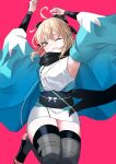  1girl absurdres ahoge arms_up black_bow black_scarf blonde_hair bow commentary_request fate/grand_order fate_(series) grin hair_bow haori highres japanese_clothes kimono koha-ace looking_at_viewer nglhonn obi okita_souji_(fate) okita_souji_(koha-ace) one_eye_closed open_clothes pink_background sash scarf shinsengumi short_hair simple_background smile solo thighs white_kimono 