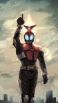  1boy arm_up armor blue_eyes blurry bokeh breastplate building cloud cloudy_sky compound_eyes depth_of_field facing_viewer feet_out_of_frame glowing glowing_eyes highres horns kabuto_zecter kamen_rider kamen_rider_kabuto kamen_rider_kabuto_(series) knee_pads light_rays male_focus mask outdoors pointing pointing_up red_armor red_horns rider_belt shoulder_armor sky solo standing sun sunbeam sunlight tokusatsu tsubasansan upper_body 