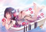  1girl :o ass barefoot bathing bathtub black_hair breasts camellia carnelian claw_foot_bathtub cleavage completely_nude feet feet_up flower full_body highres holding holding_flower kao_no_nai_tsuki kuraki_suzuna long_hair looking_at_viewer nude orange_eyes partially_submerged soles solo toenails toes very_long_hair 