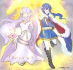  1boy 1girl blue_eyes blue_hair book boots brother_and_sister coat dress fire_emblem fire_emblem:_genealogy_of_the_holy_war floating floating_book floating_object fur_trim headband highres holding holding_weapon julia_(fire_emblem) long_hair looking_at_viewer magic pointing_sword ponytail purple_eyes purple_hair sandals sash seliph_(fire_emblem) siblings sword tyrfing_(fire_emblem) very_long_hair weapon white_headband wintse_v 