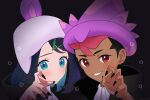  1boy 1girl black_hair black_nails dark-skinned_male dark_skin eyelashes green_eyes grin hair_ornament hairclip hand_up hat highres liko_(pokemon) multicolored_hair nail_polish pokemon pokemon_(anime) pokemon_horizons portrait purple_headwear red_eyes rei_hinketsu roy_(pokemon) shirt short_hair smile star_(symbol) teeth white_headwear white_shirt 