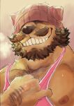  absurd_res anthro beard bodily_fluids canid canine canis clothing domestic_dog facial_hair grin hat headgear headwear hi_res kas20241013 kemono male mammal mr._knit_hat muscular mustache nipples shirt smile solo sweat tank_top topwear 